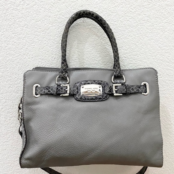 MICHAEL KORS Hamilton Gray Pebbled Leather/Snakeskin Chain Handle Shoulder Bag - Picture 5 of 16